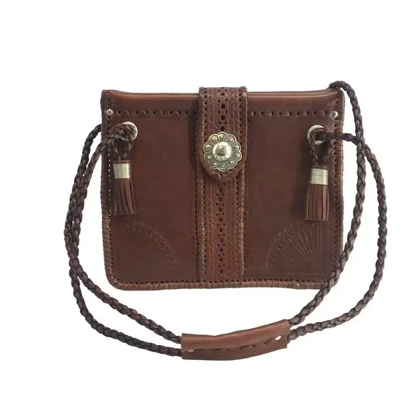 Brown Leather Southwestern Shoulder Bag Two Handle Concho Handmade Morocco - Picture 15 of 15